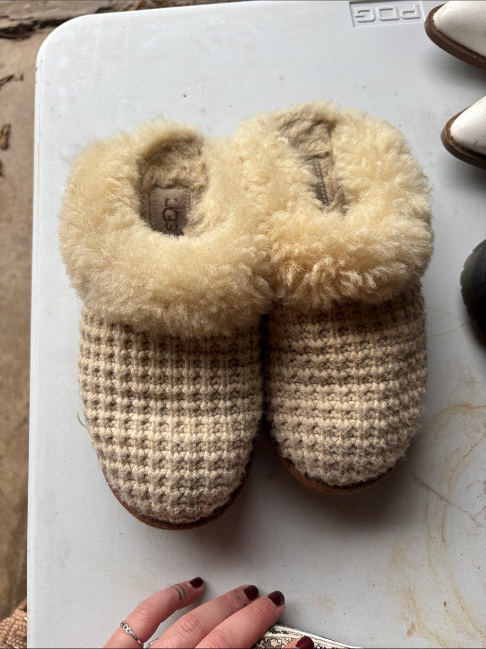 UGG Kids Waffle Knit Shearling-Lined Slippers in Cream